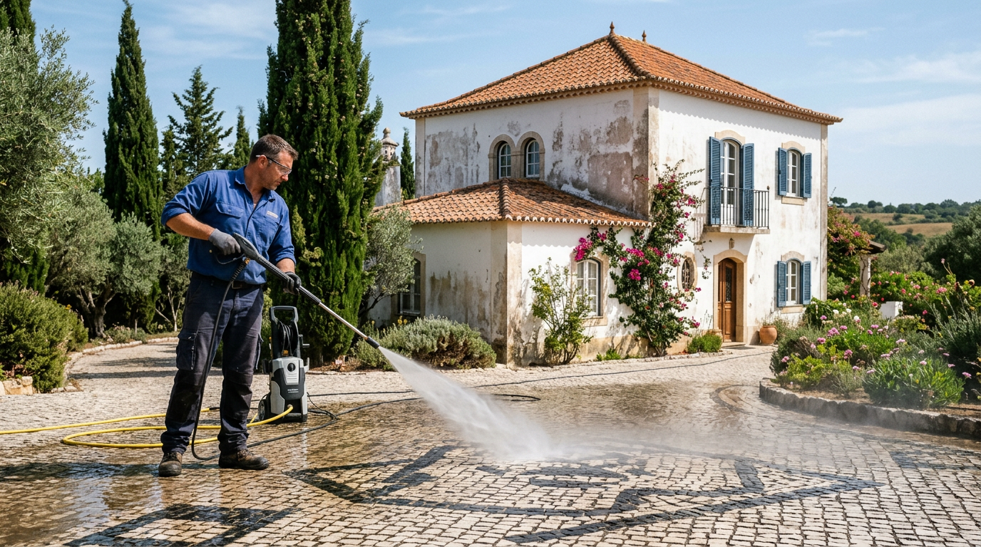 Pressure washing a calçada Portuguese cobblestone driveway