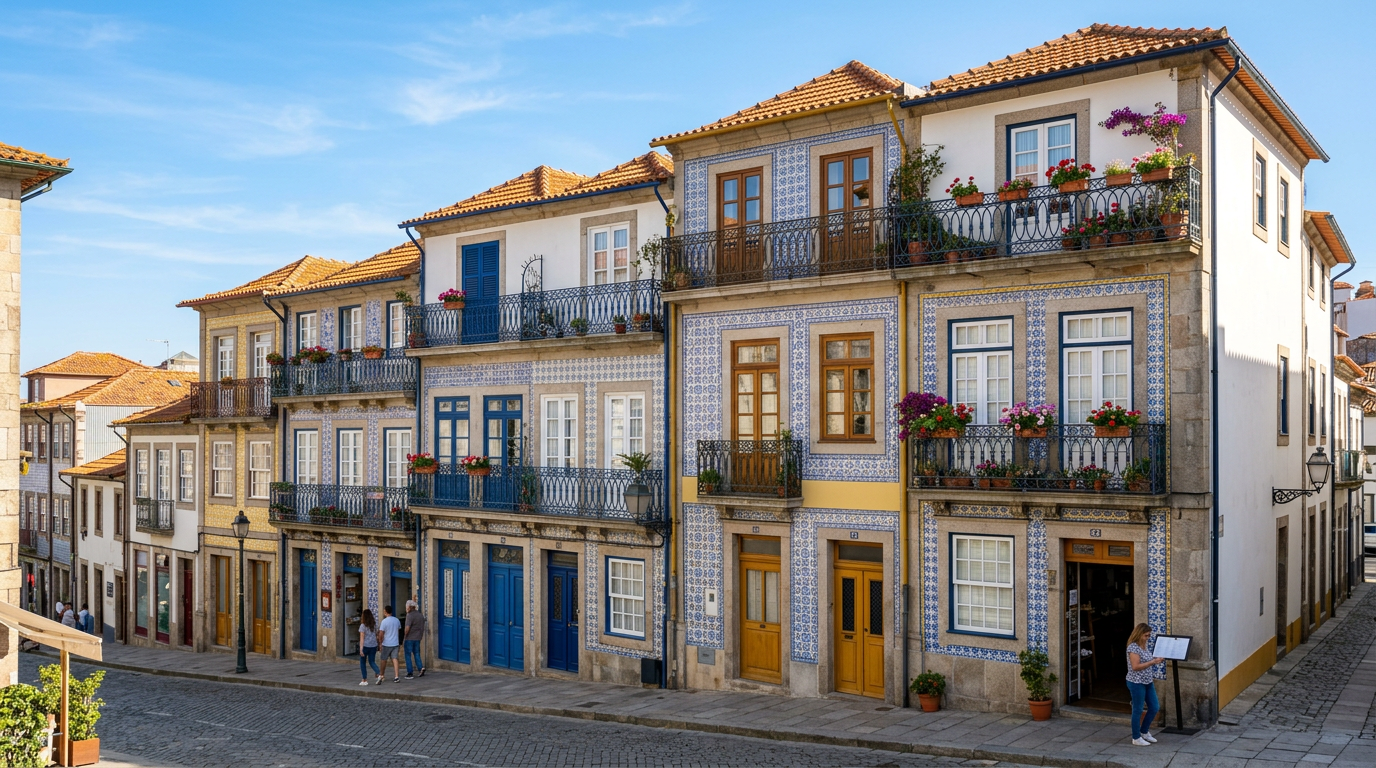 Row of clean Portuguese townhouses with azulejo tiled facades